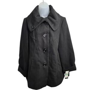 Womens Black Peacoat Jacket Large Button Front Classic Fall Winter Coat
